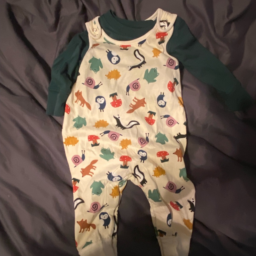 Hanna Andersson Cream One-Piece Bodysuit with Green Sleeves and Forest Print